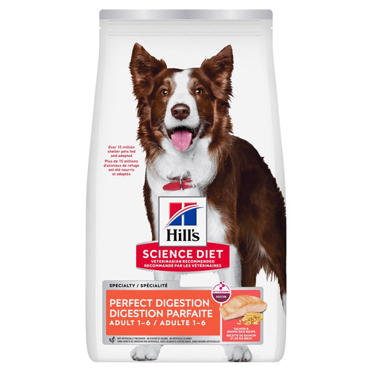 A bag of Hill's Science Diet Perfect Digestion Adult 1-6 dog food, featuring a brown and white Border Collie on the front packaging.